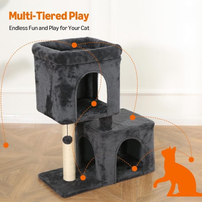 Amazon Basics 30-Inch Cat Tree Tower, Activity Center with 2 Plush Condos, Sisal Scratching Post and Hanging Pompom, Gray - Image 6