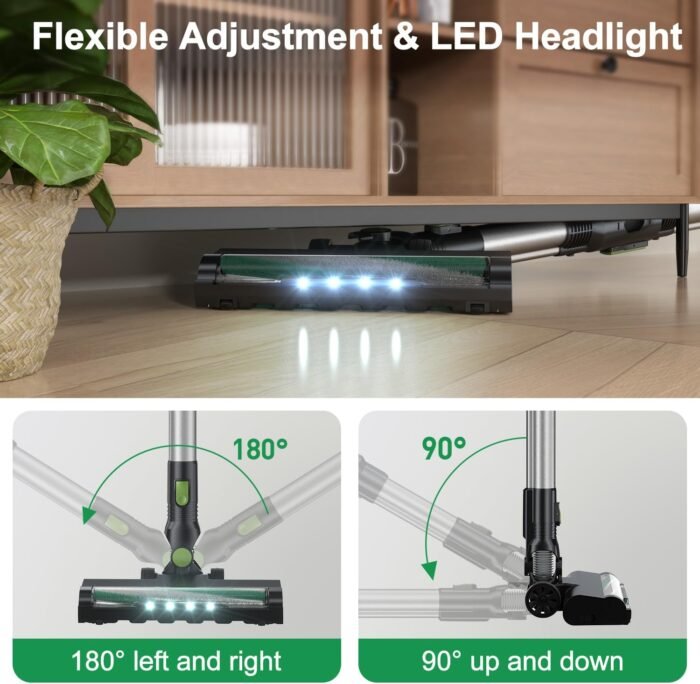 Cordless Vacuum Cleaner, Lightweight Stick Vacuum Cleaner, 6 in 1, Self-Standing with Powerful Suction, 180° Bendable Wand Rechargeable Cordless Vacuum for Hardwood Floor (Green) - Image 7