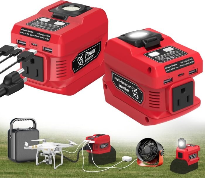 220W Power Inverter Compatible with Milwaukee 18V Battery, DC 18V to AC 110V Portable Power Station Generator with 1 AC Outlet, 2 USB Ports & 1 Type-C Fast Charging, 400LM LED Work Light (2-Pack) - Image 2