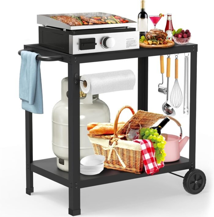 32x20IN Double-Shelves Grill Table, Outdoor Grill Cart for Blackstone Griddle, Movable Pizza Oven Table Cart for Outside Patio, Kitchen Cooking Food Prep Table for Party - Image 2