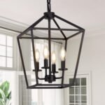 4 Light Chandelier, Industrial Ceiling Light Black Lantern Light Fixtures with Farmhouse Metal Cage Adjustable Height Rustic Geometric Hanging Light E12 Base for Kitchen Island, Entryway, Indoor - Image 2