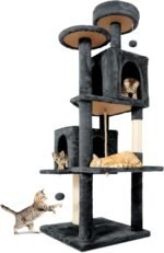 58.5inch Large Cat Tree Tower Condo for Indoor Cats, Soft Plush Multi-Level Climbing Tree Cat House with 1 360° Rotating Cat Cave, Scratching Post, More Entrance/Exit, Sisal Rope, Grey Black - Image 2