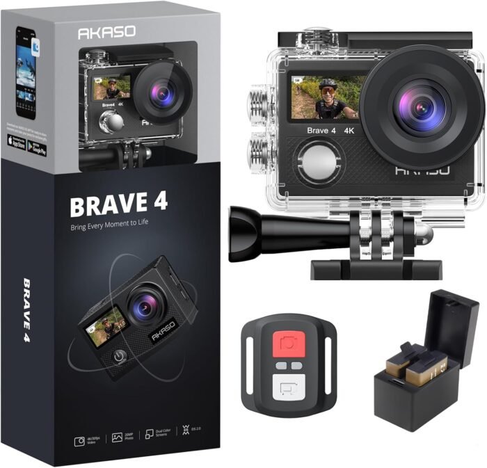 AKASO Brave 4 4K30fps 20MP WiFi Action Camera Ultra Hd with EIS 131ft Waterproof Camera Remote Control 5xZoom Underwater Camcorder with 2 Batteries and Bicycle Helmet Accessories Kit - Image 2