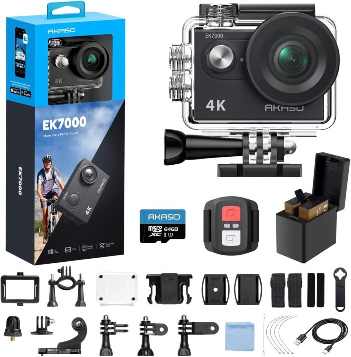 AKASO EK7000 4K30fps Action Camera with 64GB MicroSDXC U3 Memory Card Accessories Kit Bundle Ultra HD 131FT Waterproof Underwater Camera EIS WiFi Remote Control 4X Zoom, Black - Image 2