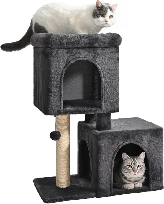Amazon Basics 30-Inch Cat Tree Tower, Activity Center with 2 Plush Condos, Sisal Scratching Post and Hanging Pompom, Gray - Image 2