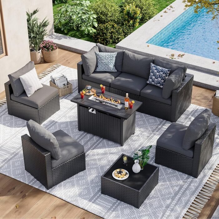 Aoxun 8 Piece Patio Furniture Set with 44” Fire Pit Table Wicker Rattan Patio Sectional Sofa Set Outdoor Seating Furniture with Thickened Cushion, Grey - Image 2