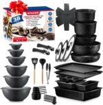 Bakken Master 38 Piece Granite Cookware & Bakeware Set – Nonstick Granite Coating, Pots and Pans with Detachable Handle and Tempered Glass Lids, 6-piece Bakeware set, 12-piece Mixing Bowls,Gray Marble - Image 2