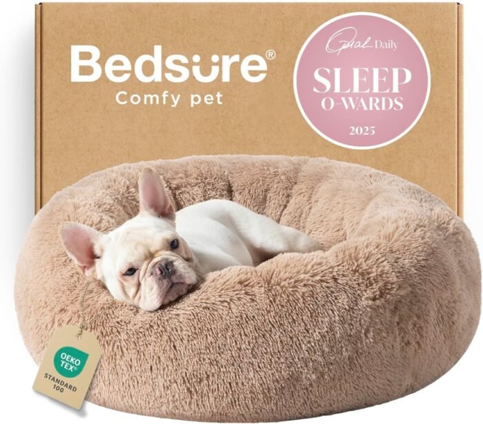 Bedsure Calming Dog Bed Medium Size Dog - Donut Washable Medium Pet Bed, 30 inches Anti-Slip Round Fluffy Plush Faux Fur Cat Bed, Fits up to 45 lbs Pets, Camel - Image 2