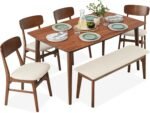 Best Choice Products 6-Piece Wooden Dining Set, Mid-Century Modern Table & Upholstered Chair Set w/Bench Seat, Rubberwood Legs - Walnut/Cream - Image 2