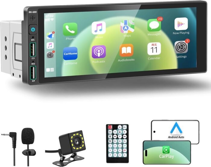 Car Radio Single DIN with Apple Carplay Android Auto,car Stereo din 6.9" AM FM Radio,Single din Radio Stereo for Cars, Support Mirror Link,Bluetooth Handsfree, Backup Camera,GPS Navigation,USB EQ SWC - Image 2