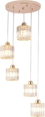 Crystal Pendant Lights Chandeliers for High Ceilings Modern Crystal Chandeliers Hanging Light Fixture Raindrop Drop Lamp for Dining Room Foyer Living Room Entryway Gold 5 Lights - Image 2