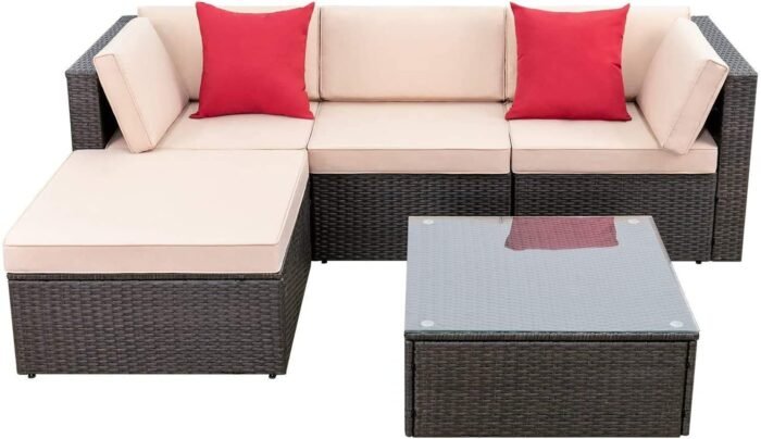 Devoko 5 Pieces Patio Furniture Sets All Weather Outdoor Sectional Patio Sofa Manual Weaving Wicker Rattan Patio Seating Sofas with Cushion and Glass Table(Beige) - Image 2