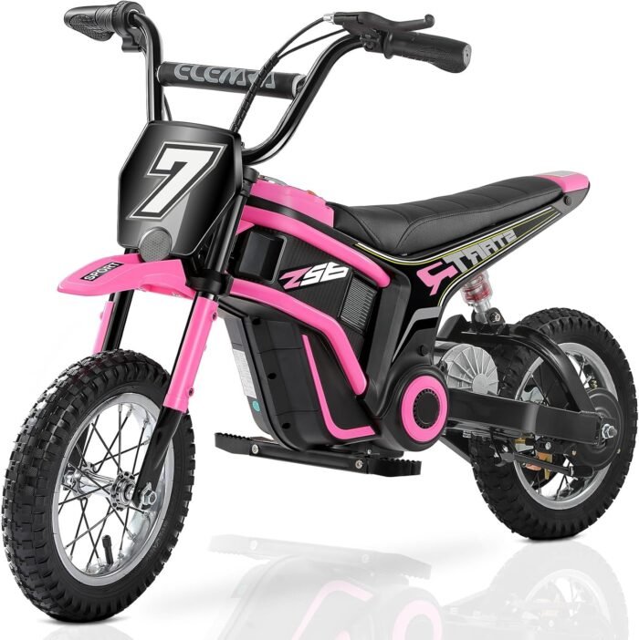 ELEMARA Electric Motorcycle for Kids, Dirt Bike Electric with Music & Bluetooth,350W Chain-Driven Motor,15.5 mph & 150lb Max,Twist-Grip Throttle & Hand-Operated Rear Brake,12" Air-Filled Tires-Pink - Image 2