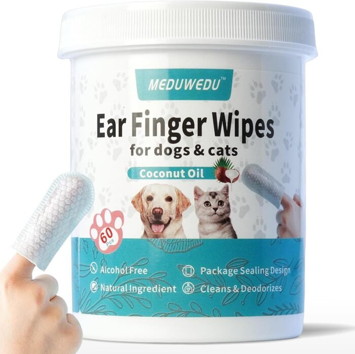 Ear Cleaner Finger Wipes 60 Counts, Dog Ear Cleaner, Grooming Kit Care for Dogs and Cats, Soft & Easy Otic Cleaning Pads, Remove Wax, Dirt & Stop Smelly, Itchy, Non-Irritating, Coconut Scent - Image 2