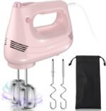 Electric Hand Mixer with Stainless Steel Whisk, Dough Hook Attachment and Storage Bag, Handheld Mixer for Baking Cakes, Eggs, Cream Food Mixers. Turbo Boost /5 Speed Kitchen Blender PINK - Image 2