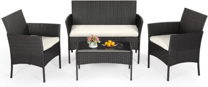FDW | 4-Piece Patio Furniture Set | Black | Outdoor Wicker Furniture with Coffee Table | Modern Rattan Chairs Conversation Set | Outdoor Seating | Weather-Resistant | for Porch, Garden, Lawn - Image 2