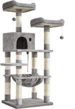 FEANDREA Cat Tree, Cat Tower for Indoor Cats, 56.3-Inch Cat Condo with Scratching Posts, Hammock, Plush Perch, Light Gray UPCT15W - Image 2