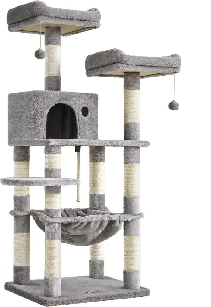 FEANDREA Cat Tree, Cat Tower for Indoor Cats, 56.3-Inch Cat Condo with Scratching Posts, Hammock, Plush Perch, Light Gray UPCT15W - Image 2