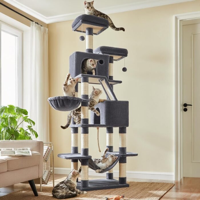 Feandrea Cat Tree, 81.1-Inch Large Cat Tower with 13 Scratching Posts, 2 Perches, 2 Caves, Basket, Hammock, Pompoms, Multi-Level Plush Cat Condo for Indoor Cats, Smoky Gray UPCT190G01 - Image 2