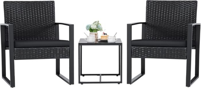 Flamaker 3 Pieces Patio Set Outdoor Wicker Furniture Sets Modern Rattan Chair Conversation Sets with Coffee Table for Yard and Bistro (Black) - Image 2