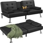 Flamaker Futon Sofa Bed Modern Folding Futon Set Convertible Recliner Lounge for Living Room with 2 Cup Holders, Removable Armrests (PU Leather, Black) - Image 2
