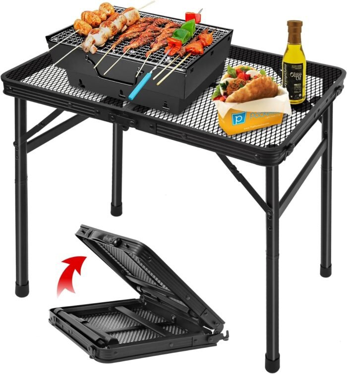 Folding Grill Table Camping Table with Mesh Desktop, Lightweight & Portable Outdoor Picnic Table, Height Adjustable Portable for Outside Inside Use - Image 2