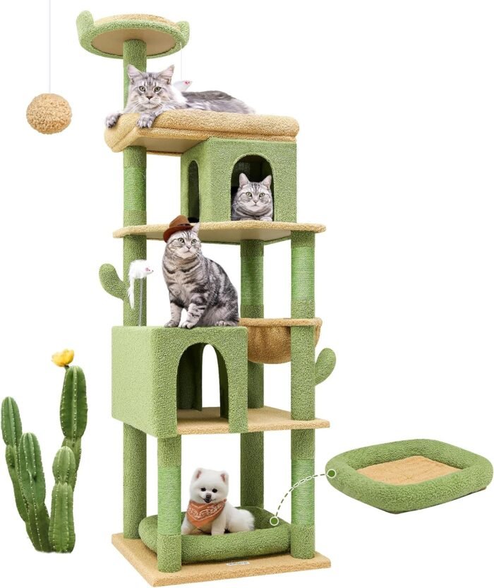 Globlazer Heavy Duty Cactus Cat Tree for Large Cats, Sturdy 72in Maine Coon Cat Tree for Large Cats 20 lbs+ Cactus Cat Tower for Adult Biggest Cats with 6 Scratching Posts, Hammock, S72, Green - Image 2