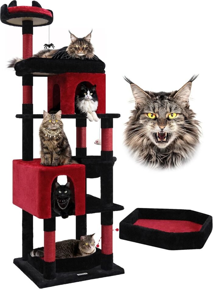Globlazer Heavy Duty Gothic Cat Tree, 72in Large Cat Tower with Coffin Bed, Sturdy Maine Coon Cat Tree for Large Cats 20 lbs+, Medieval Castle Style with 6 Scratching Posts & Hammock, S72, Black & Red - Image 2