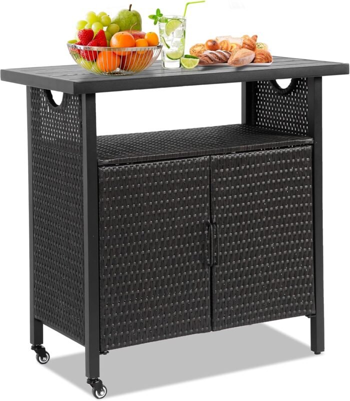 HOMEFUN Outdoor Bar Table Featuring Storage Cabinet: Wheeled Patio Serving Carts, Wicker Grill Cart Prep Station & Rolling Kitchen Island for Patio, Backyard and Outside Use, in Black - Image 2