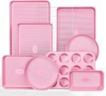 HONGBAKE 9-Piece Baking Pans Set Nonstick, Stackable Non Toxic Bakeware Sets with Diamond Texture, Oven Pan Set for Cooking, Includes Cookie Sheet with Rack, Cake Pan, Roasting Pan, Muffin Tin, Pink - Image 2