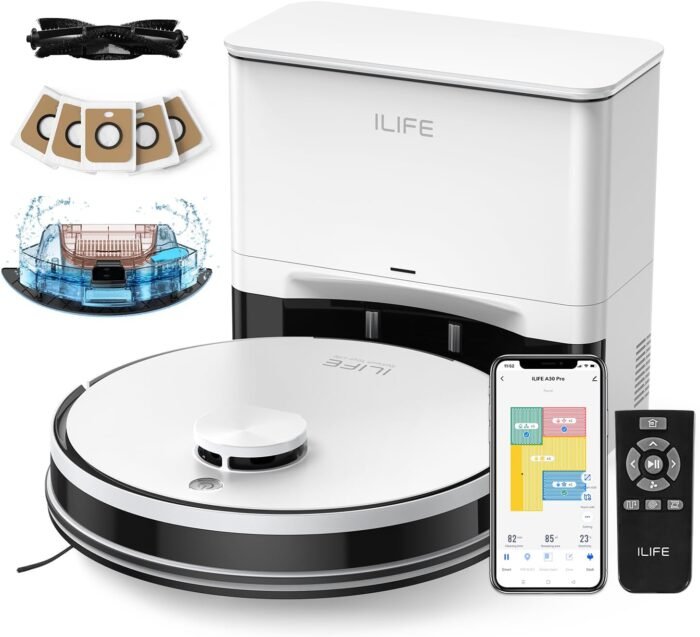 ILIFE A30 Pro Robot Vacuum and Mop, Self Emptying Station for 60 Days, 5000Pa Suction, LiDAR Navigation, No-Go Zones, 2.4G WiFi/App/Alexa/Remote Control, Roller Brush for Carpet, Hard Floors, 110V - Image 2