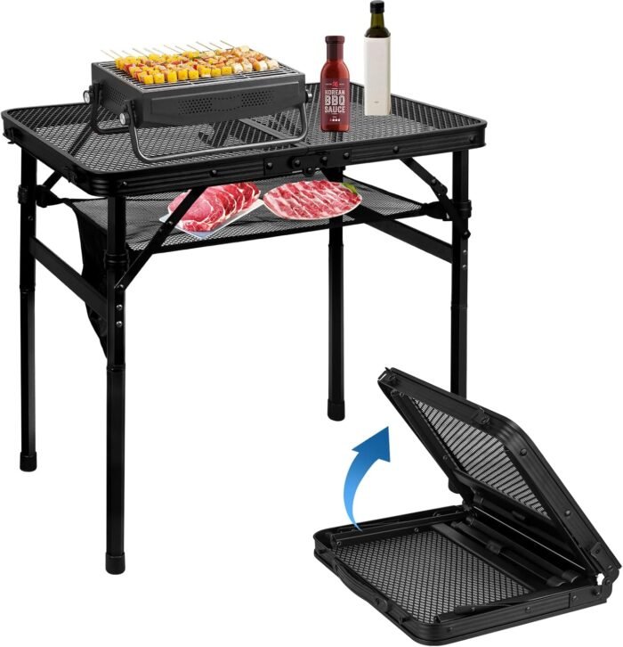 MSDADA Folding Grill Table, Height Adjustable Aluminum Table with Mesh Desktop and Mesh Bag, Portable Grill Table for Outdoor Camping, Picnic, Patio, Dining, BBQ, Party, Black, 23.6×15.7 inch - Image 2