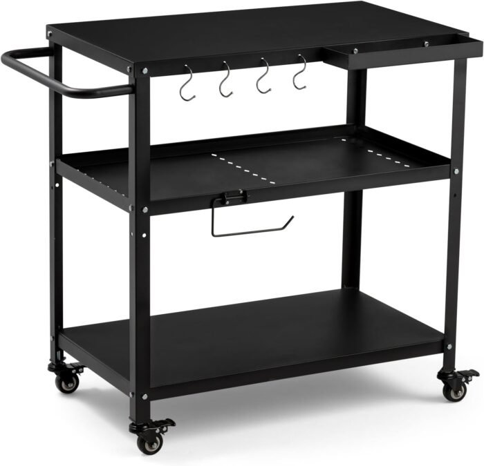 Outdoor Grill Cart Table,Indoor and Outdoor Pizza Oven Table,with 4 Movable Total Lock Casters, Hooks, Side Handle Multifunctional (Black) - Image 2