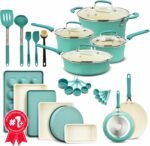 Pots and Pans Set, 23-Piece Non Stick Cookware & Bakeware Sets with Plaid Pattern, Stackable Design, Dishwasher Safe, Stain-resistant, Oven & All-Stove Safe, Tempered Glass Lid, Aqua - Image 2