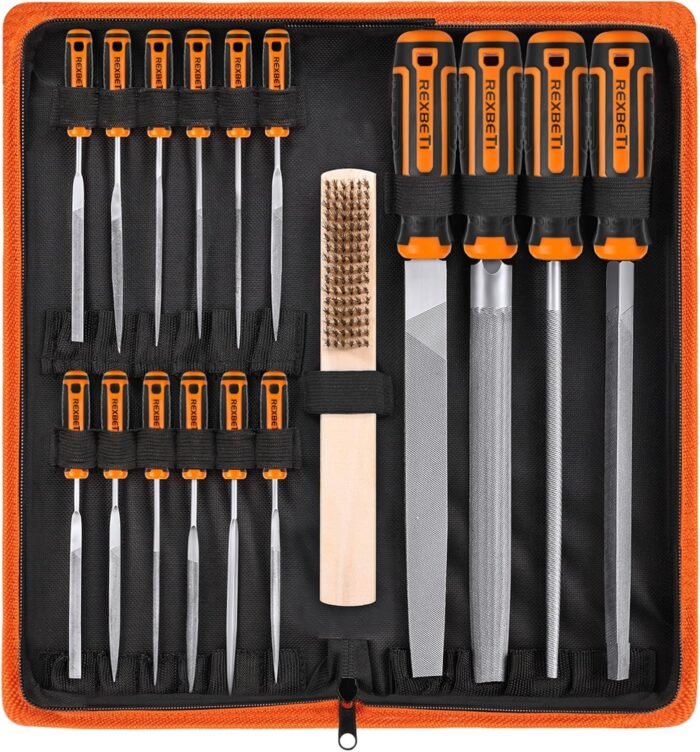 REXBETI 25Pcs Metal File Set, Premium Grade T12 Drop Forged Alloy Steel, Flat/Triangle/Half-round/Round Large File and 12pcs Needle Files with Carry Case, 6pcs Sandpaper, Brush, A Pair Working Gloves - Image 2