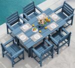 SERWALL 7-Piece Patio Dining Table Sets, Outdoor HDPE Dining Furniture Set with Umbrella Hole Cut-Out Table and 6 Chairs, Blue - Image 2