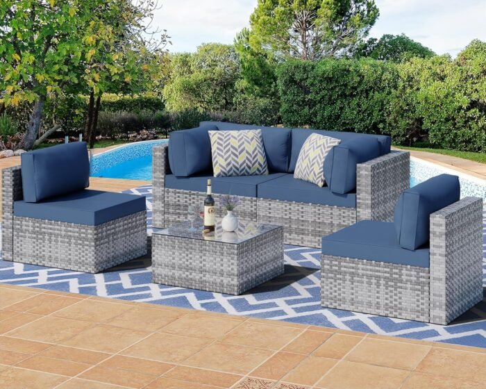 Shintenchi 5 Pieces Outdoor Patio Sectional Sofa Couch, Silver Gray PE Wicker Furniture Conversation Sets with Washable Cushions & Glass Coffee Table for Garden, Poolside, Backyard (Aegean Blue) - Image 2