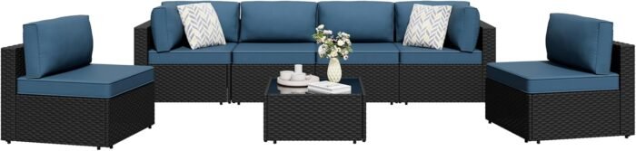Shintenchi 7 Pieces Outdoor Patio Sectional Sofa Couch, Wicker Furniture Patio Conversation Sets with Washable Cushions & Coffee Table for Garden, Poolside, Backyard (Aegean Blue) - Image 2