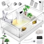 Small Turtle Tank Kit(Tank+Light+Filter), Acrylic Turtle Tank Starter Kit with Bask Platform, Bottom Drain, Multi-Function Area for Small Reptiles.(White) - Image 2