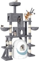Tall Cat Tree for Indoor Cats, 74" Multi-Level Cat Tower with Cat Condos, Plush Perches & Self-Cleaning Litter Box Base, Modern Cat Tree with Scratching Posts & Hammocks, Grey - Image 2