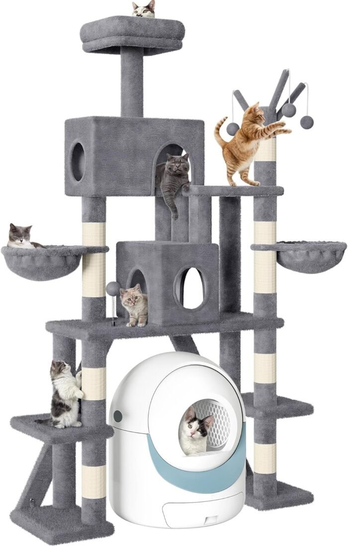 Tall Cat Tree for Indoor Cats, 74" Multi-Level Cat Tower with Cat Condos, Plush Perches & Self-Cleaning Litter Box Base, Modern Cat Tree with Scratching Posts & Hammocks, Grey - Image 2
