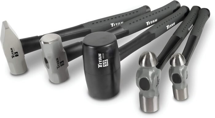 Titan 63125 5-Piece Hammer Set, Includes 16oz & 32oz Ball Pein, 32oz Rubber Mallet, 3lb Sledgehammer, & 3lb Cross Pein, Shock Absorbing Fiberglass Handles with Textured Grips - Image 2