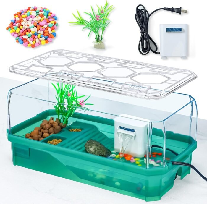 Turtle cage Tortoise Terrarium with Pump＆Filter with Shower Function Easy to Change Water and Clean Water for Turtle Horned Frog Hermit Crab (Green, Medium) - Image 2
