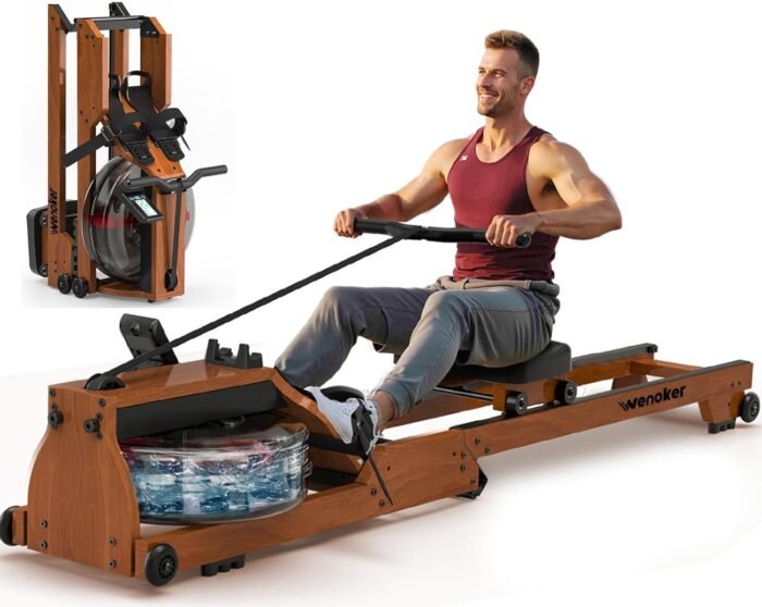 Water Rowing Machine for Home, WENOKER Foldable Wooden Rower with Bluetooth APP & LCD Monitor, Large Water Tank, Comfortable Seat, 350LBS Capacity, Compact Space-Saving Design - Image 2
