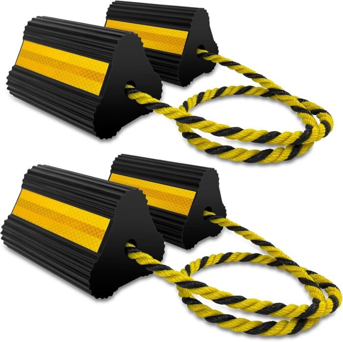 Wheel Chocks (2pair/4pack with Rope) for RV Trailer Camper Truck Car Aircraft, Versatile Heavy Duty Rubber Wheel Chocks Block with 3 Reflective Strips, Tire Wheel Immobilizers & Chocks - Image 2