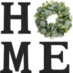 Wood Home Sign with Artificial Eucalyptus Wreath for O, Hanging Farmhouse Wall House Decor Wood Letters for Wall Art Rustic Home Decor, Wall Decor for Living Room Kitchen Entryway (Black) - Image 2
