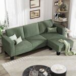 YESHOMY L-Shaped Convertible Sectional Sofa 3 Seater with Corduroy Fabric, Complete with Mobile Footrest, for Living Room, Apartment and Office, 70", Green - Image 2