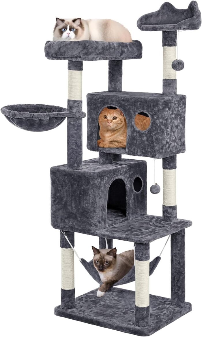 Yaheetech 64.5in Extra Large Multi-Level Cat Tree Kittens Play House Condo with Platform, Perch Hammock & Scratching Posts, Dark Gray - Image 2