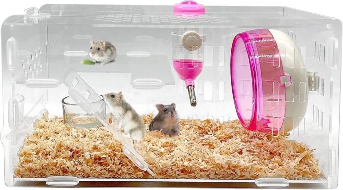 kathson Dwarf Hamster Cage Transparent Hamsters Cages and Habitats Small Animal Gerbils Acrylic Cage Cute Mini Pet Habitat with Accessories Exercise Wheel Water Bottle Food Bowl for Little Hamsters - Image 2