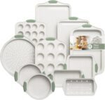 11-Piece Non-Toxic Baking Set, Stackable Nonstick Cookware with Heat-Resistant Handles - Includes Cookie Tray, Round Cake Pan, Muffin Cups, Pizza Pan & Loaf Baker, White&Light Green - Image 2